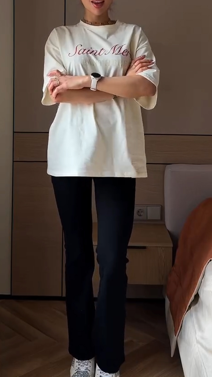 Women Round Neck Printed Letter T-shirt+ Pants Casual Set