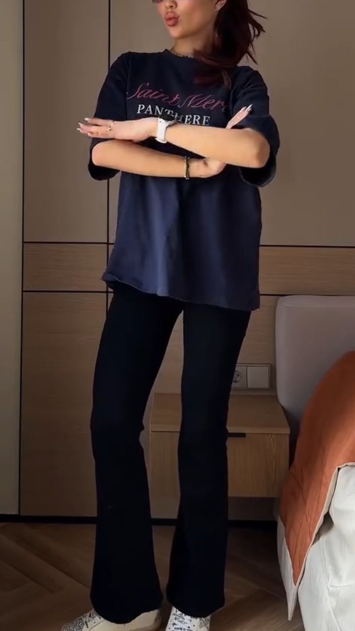 Women Round Neck Printed Letter T-shirt+ Pants Casual Set