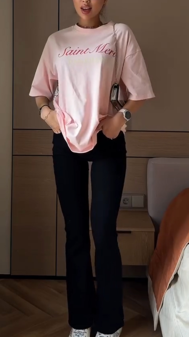 Women Round Neck Printed Letter T-shirt+ Pants Casual Set