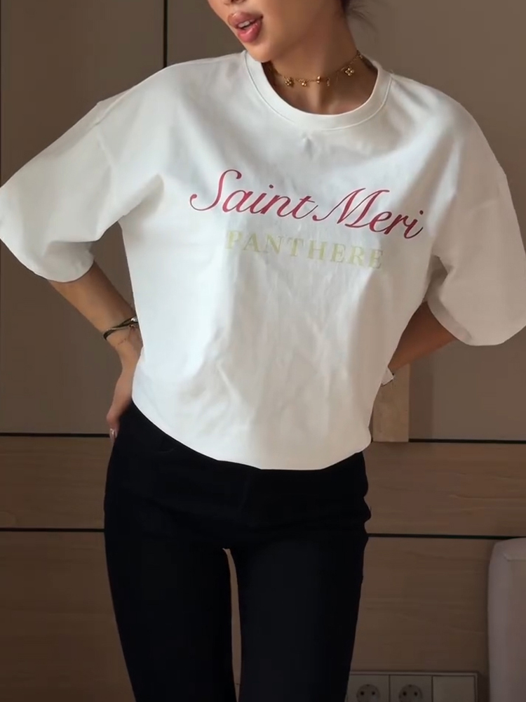 Women Round Neck Printed Letter T-shirt+ Pants Casual Set