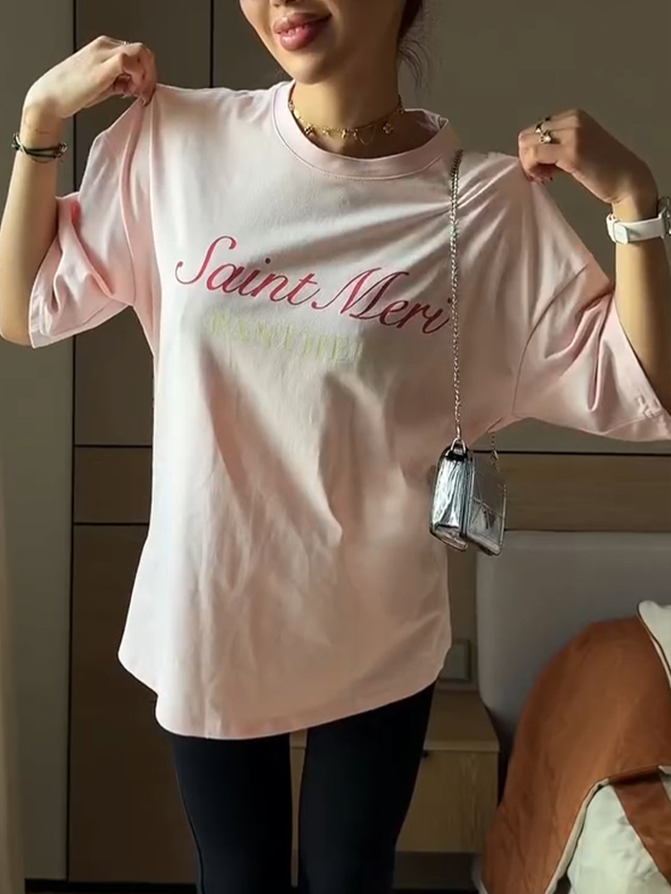 Women Round Neck Printed Letter T-shirt+ Pants Casual Set