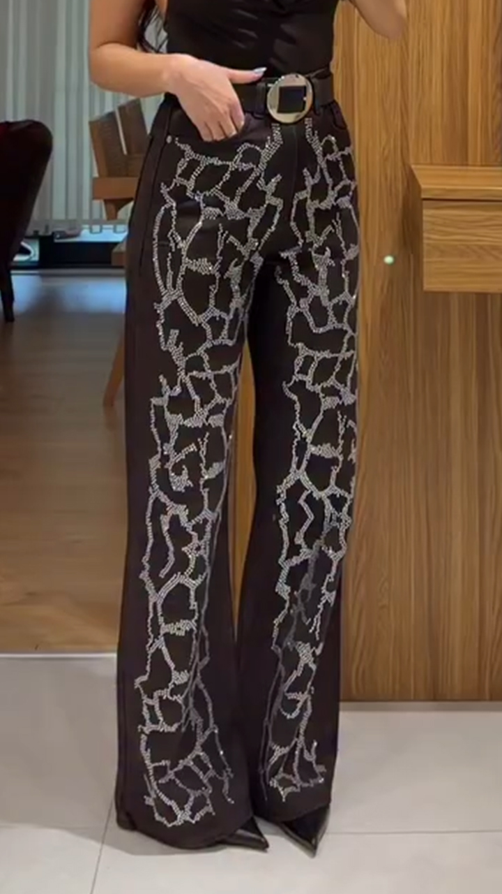 Women Rhinestone Patterned Casual Pants