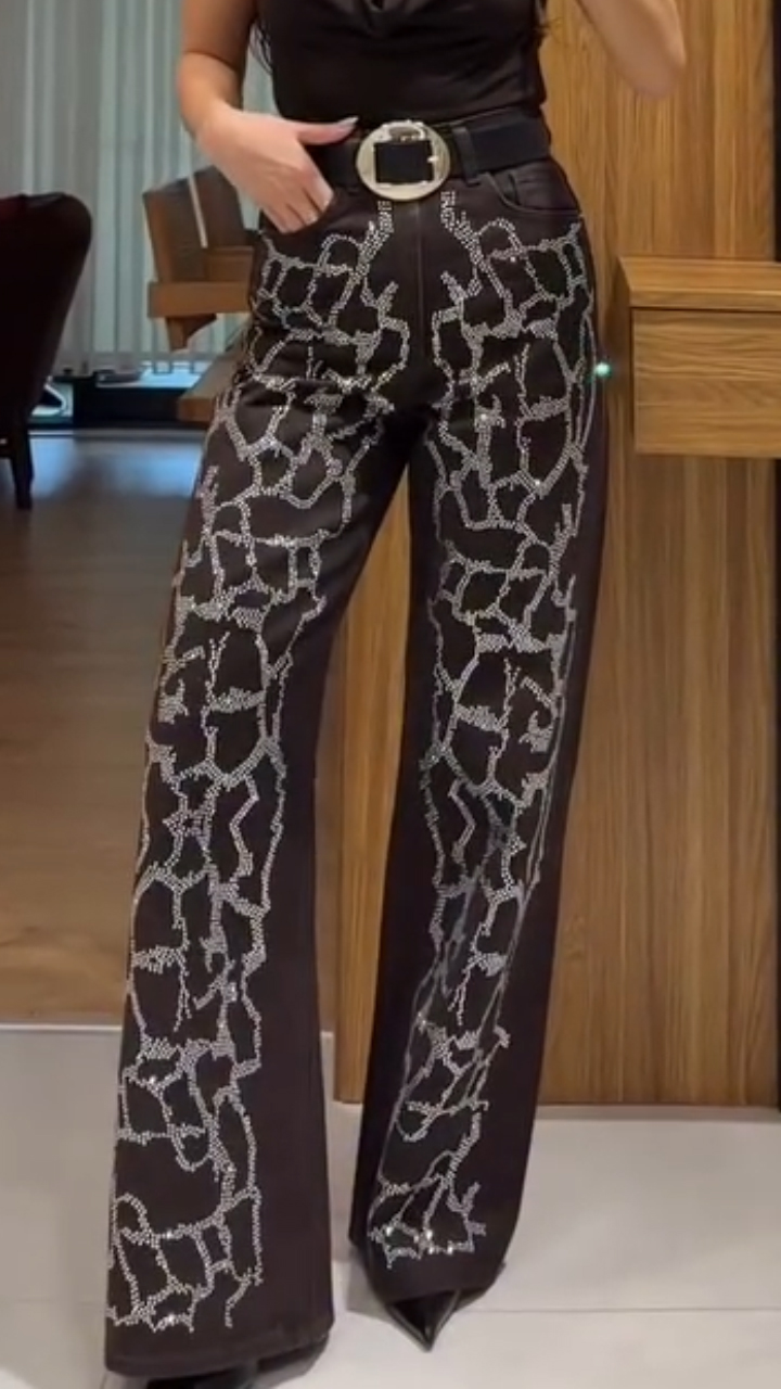 Women Rhinestone Patterned Casual Pants