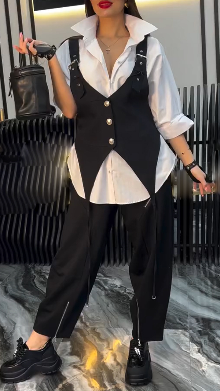 Women Collar Top Two-piece Set+ Pants Casual Set