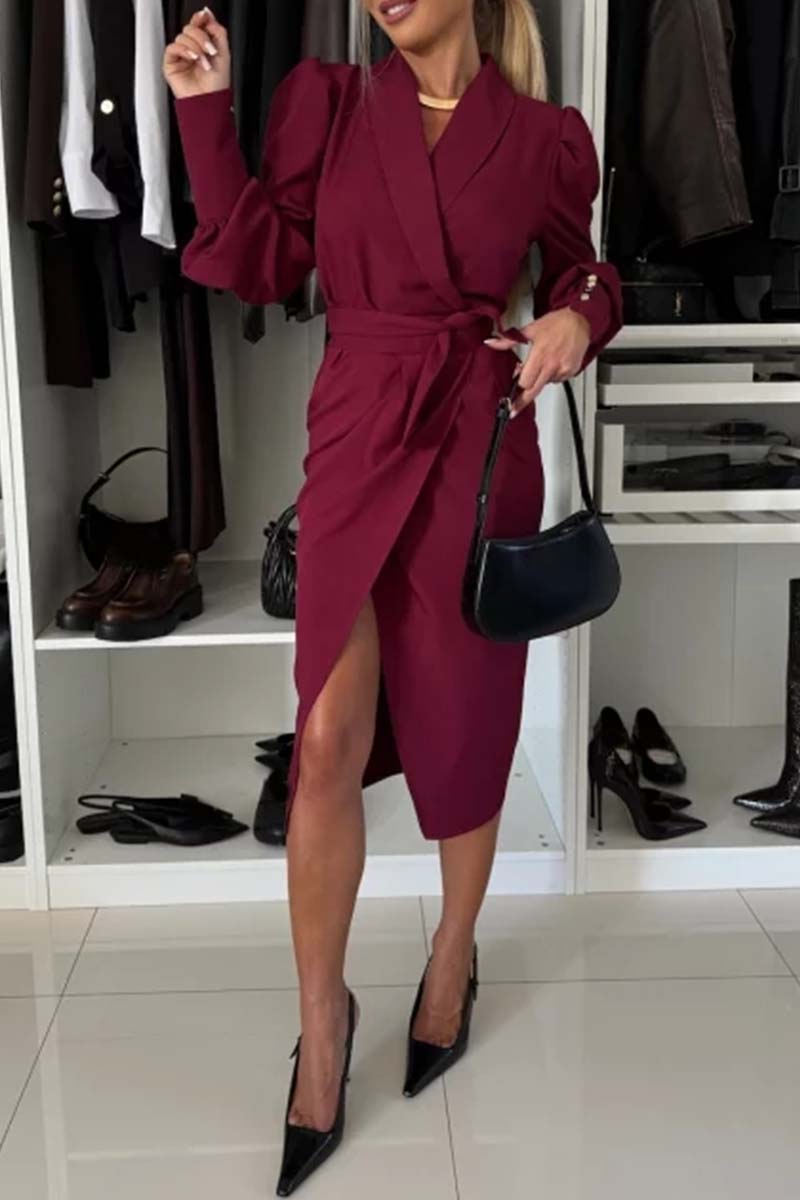 Women's Spring and Autumn Solid Color Elegant V-neck Dress