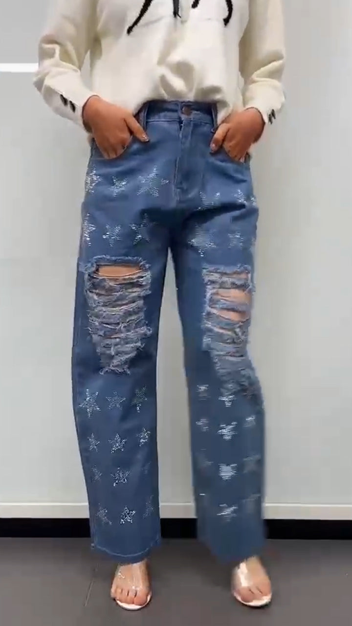 Women's Printed Rhinestone Hollow Casual Jeans