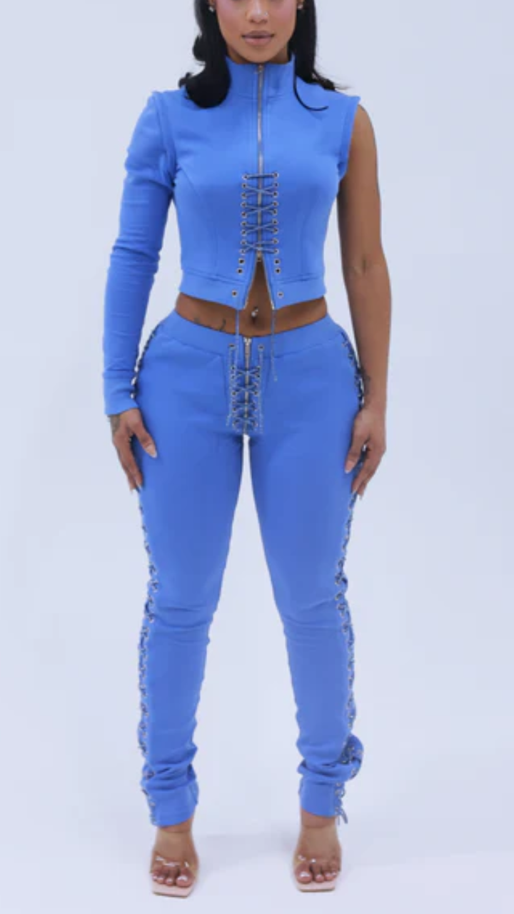 Womens Standing Collar Cross Drawstring Casual Suit