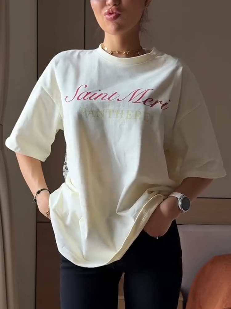 Women Round Neck Printed Letter T-shirt+ Pants Casual Set