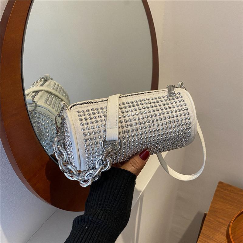 Women's shoulder bag full of diamonds, fashionable and versatile, bright diamond cylindrical bag