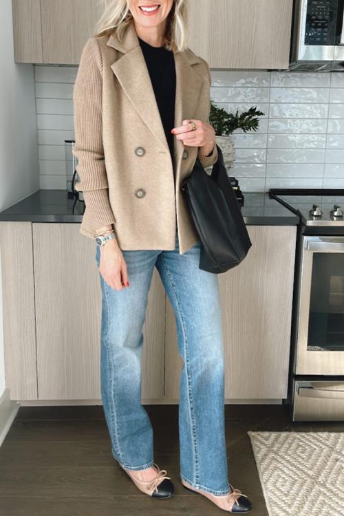 Women's Lapel Button Knitted Patchwork Sleeve Casual Coat