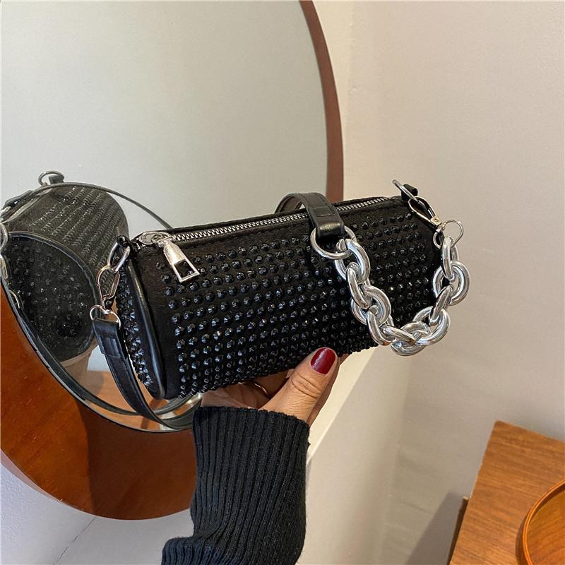Women's shoulder bag full of diamonds, fashionable and versatile, bright diamond cylindrical bag