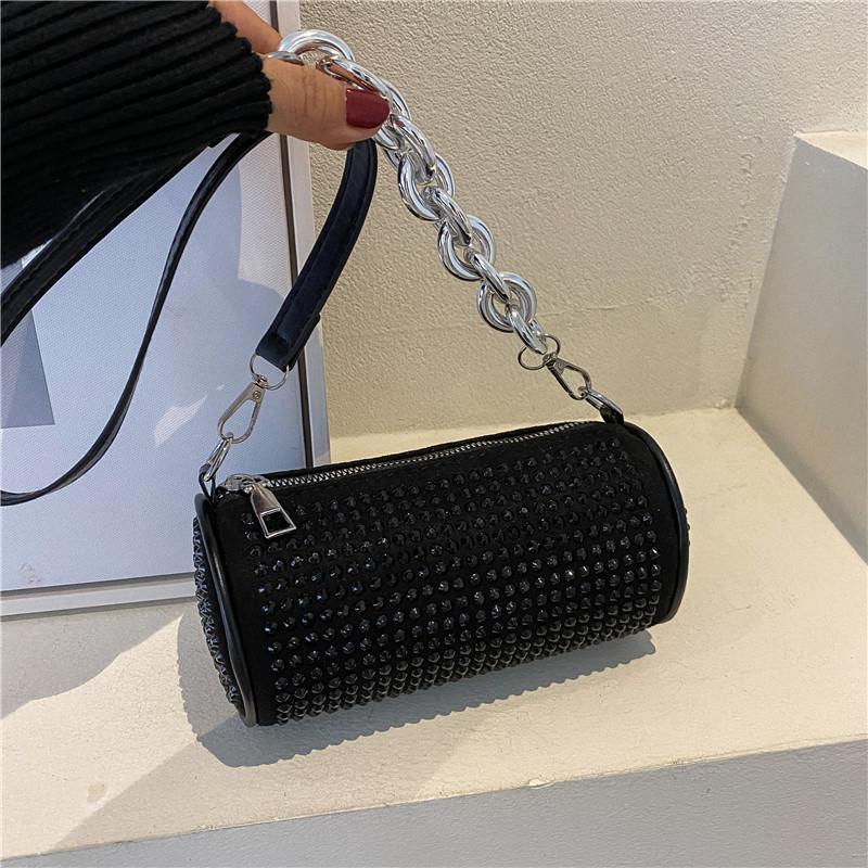 Women's shoulder bag full of diamonds, fashionable and versatile, bright diamond cylindrical bag