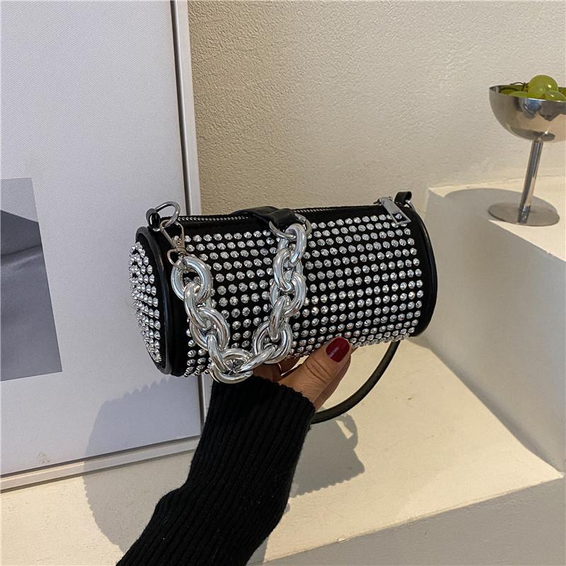 Women's shoulder bag full of diamonds, fashionable and versatile, bright diamond cylindrical bag