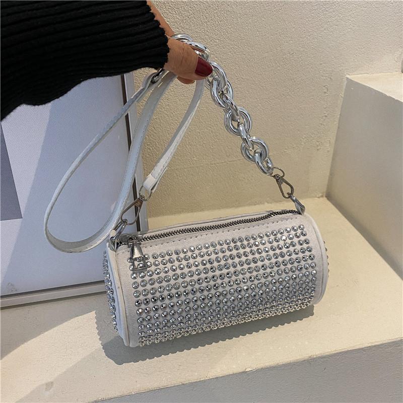 Women's shoulder bag full of diamonds, fashionable and versatile, bright diamond cylindrical bag
