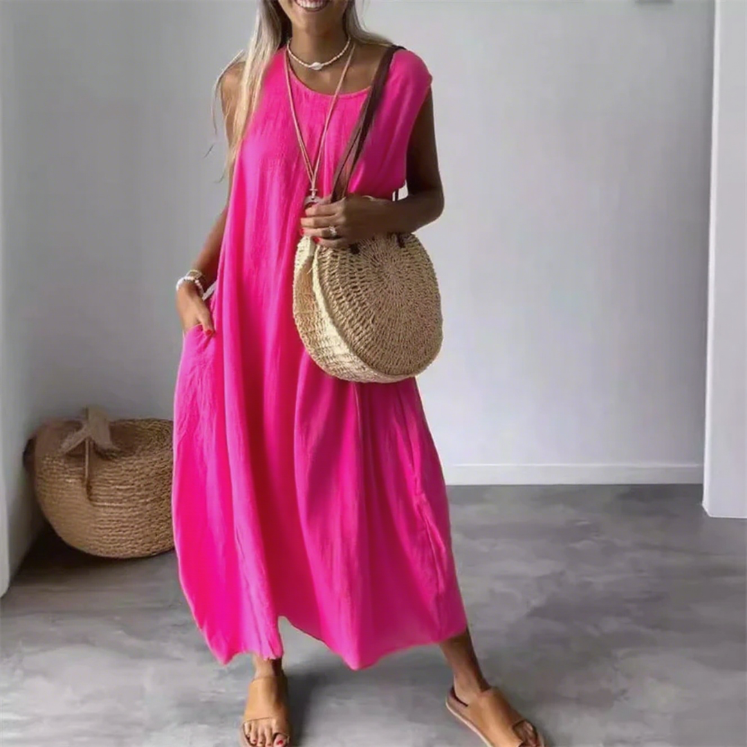 Casual round neck cotton and linen pocket dress
