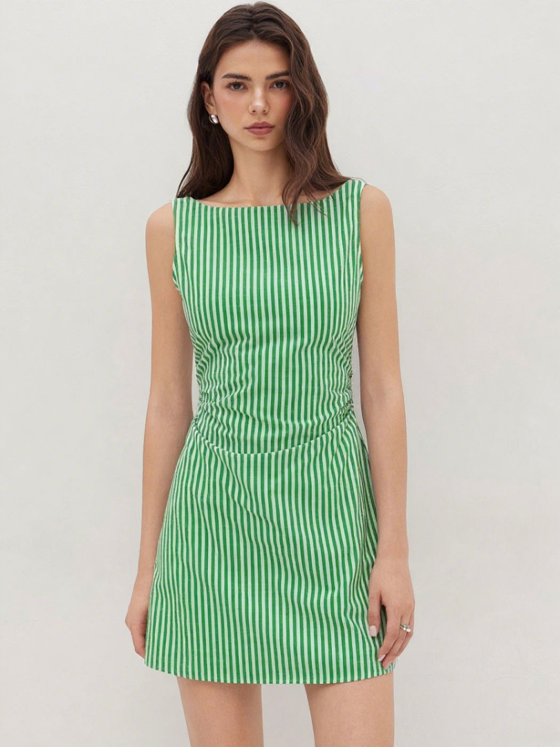 Cotton-blend Boat Neck Stripe Bowknot Backless Mini Dress