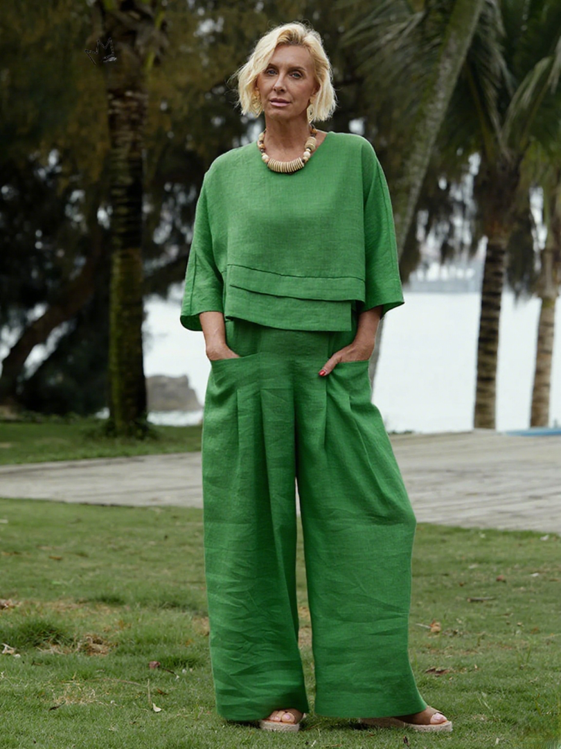 Women's 100% Linen Asymmetric Top and Pats Sets