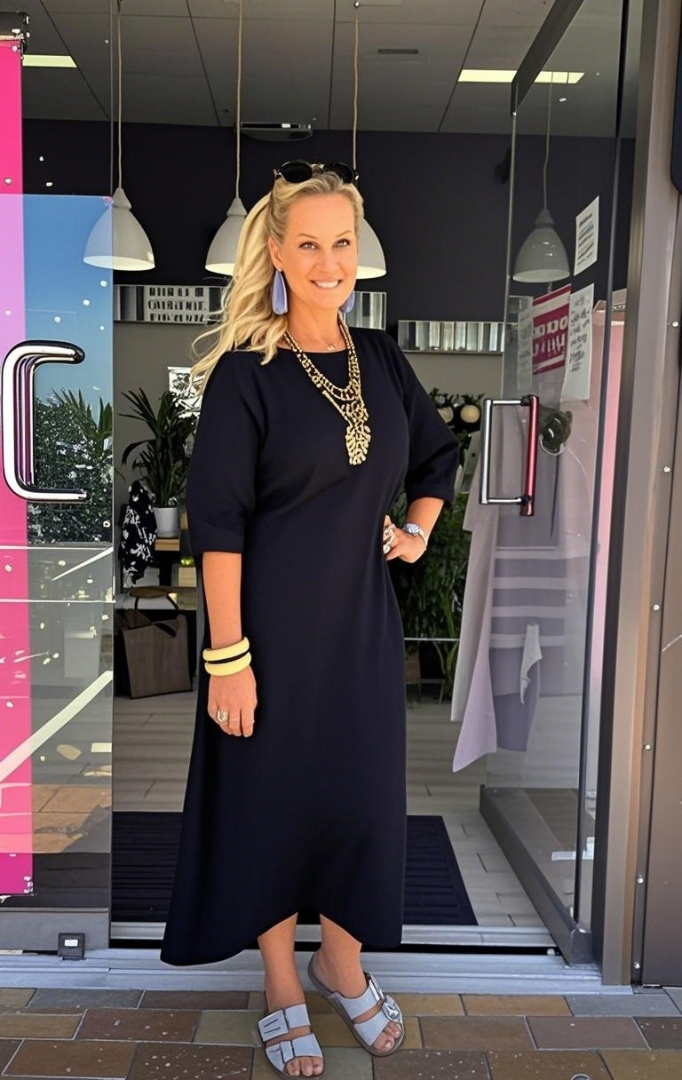 Cotton And Linen Round Neck Slit Skirt