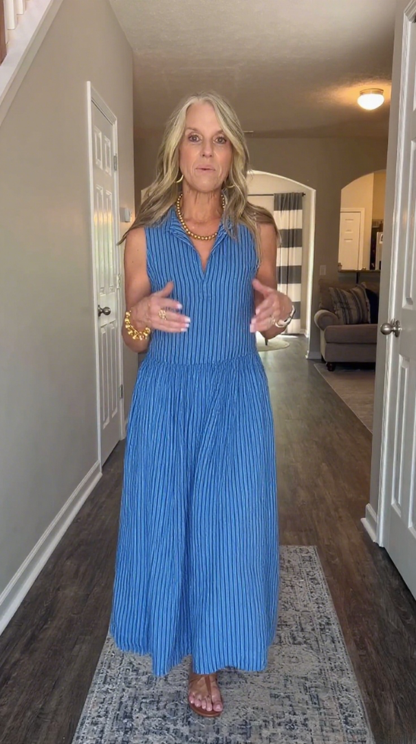 Casual cotton and linen striped sleeveless dress