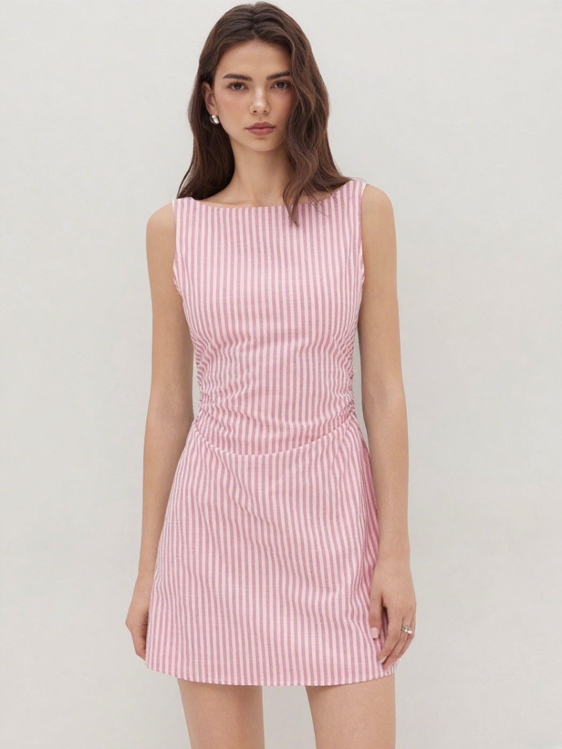 Cotton-blend Boat Neck Stripe Bowknot Backless Mini Dress