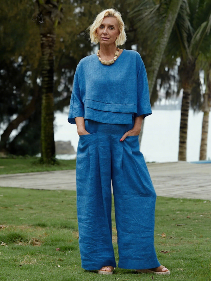 Women's 100% Linen Asymmetric Top and Pats Sets