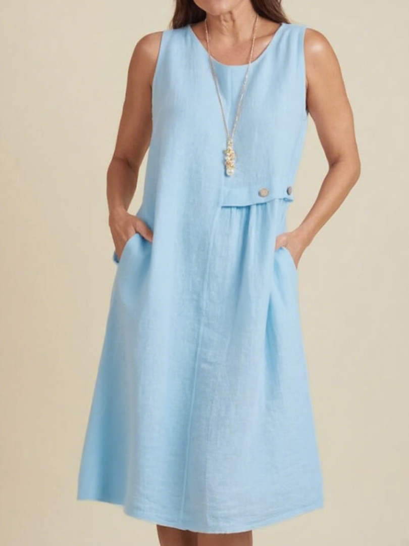 Women's Round Neck Pocket Cotton and Linen Dress