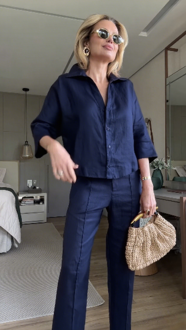 Women's casual ice silk cotton wide-leg pants two-piece suit