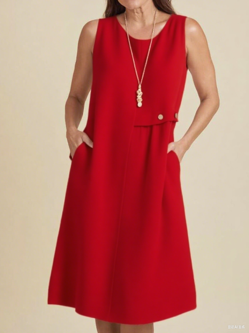 Women's Round Neck Pocket Cotton and Linen Dress