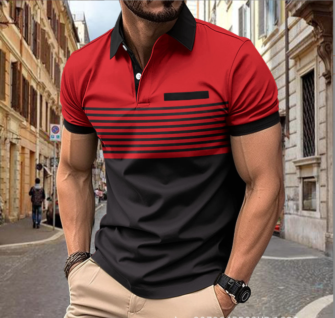 2025 V-neck striped patchwork POLO shirt