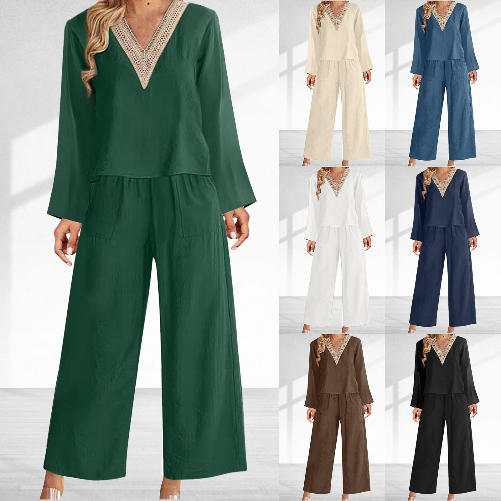 2024 spring and summer new V-neck cotton and linen casual women's long-sleeved trousers suit