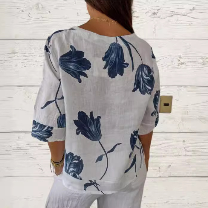 Women's Casual Relaxed Linen Print Top