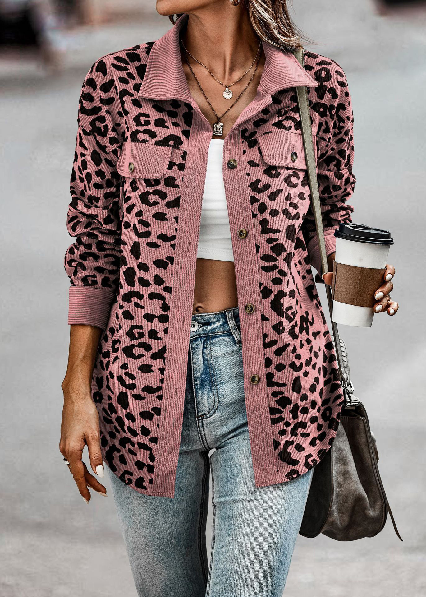 Plus Size Casual Jacket, Women's Plus Plain Leopard Print Flap Detail Long Sleeve Lapel Collar Button Decor Jacket