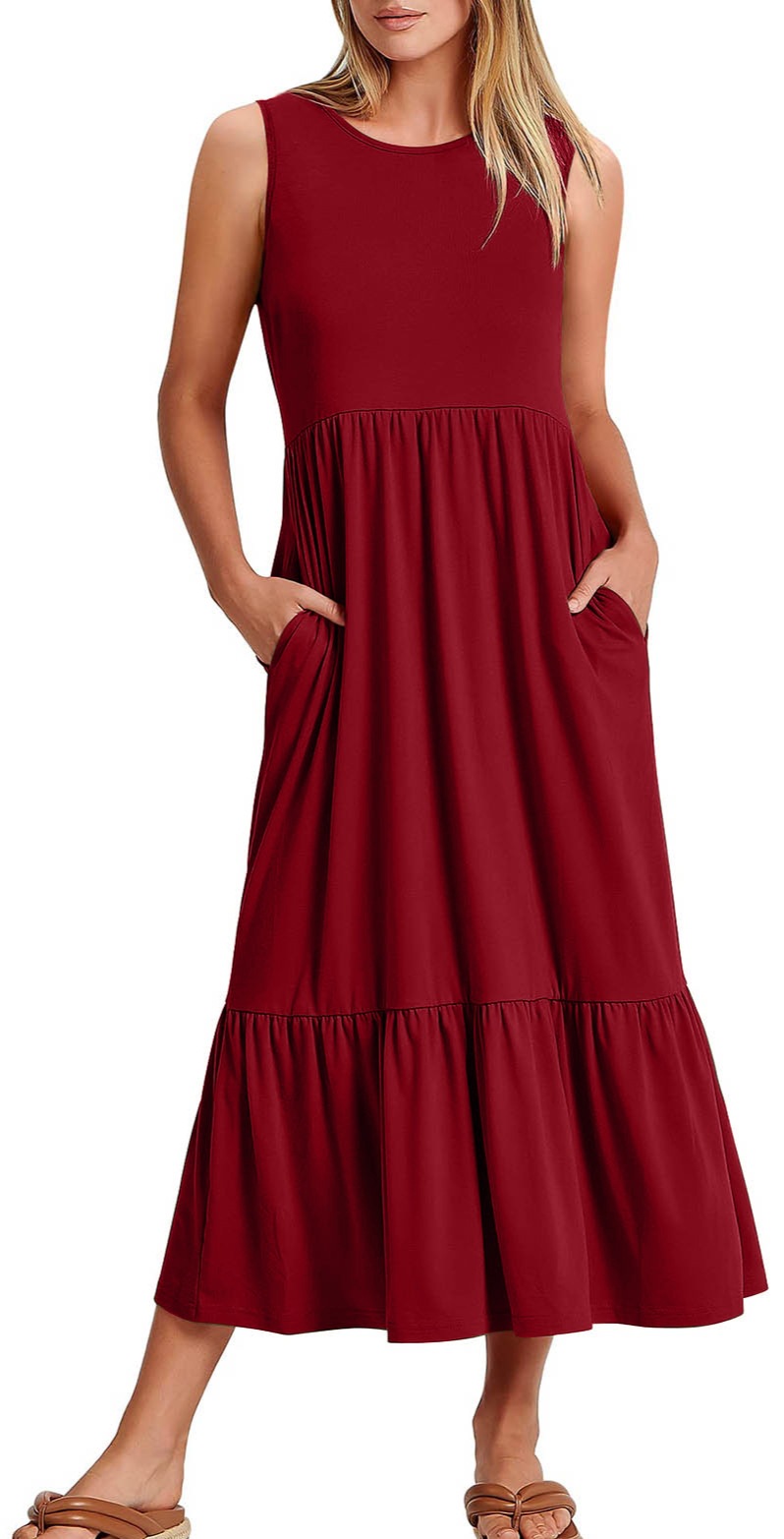 A Round-Neck Sleeveless Patchwork Dress With A Large Hem