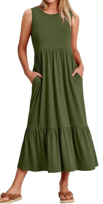 A Round-Neck Sleeveless Patchwork Dress With A Large Hem