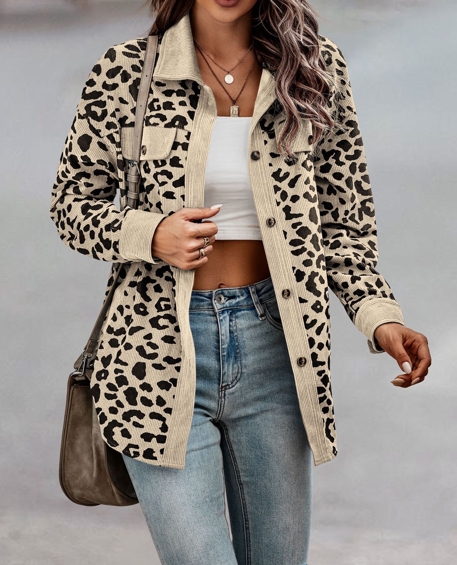 Plus Size Casual Jacket, Women's Plus Plain Leopard Print Flap Detail Long Sleeve Lapel Collar Button Decor Jacket