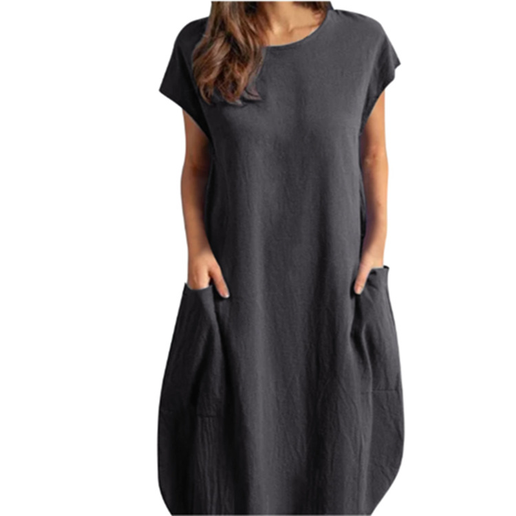 2024 Spring Ladies Casual Solid Color Short Sleeve Cotton and Linen Loose Pocket Dress