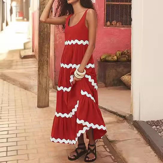 2024 Women's Simple U-neckline Corrugated Tube Top Solid Color A-Line Suspender Skirt