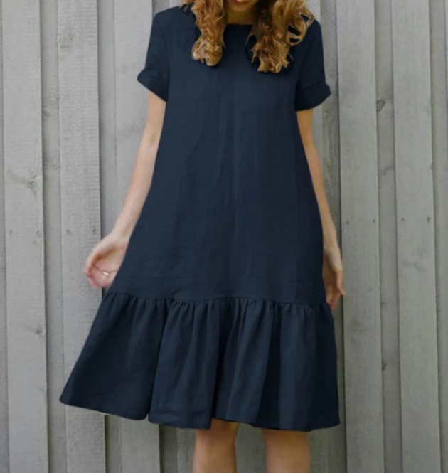 2024 Ladies Loose Slim Short Sleeve Round Neck Cotton and Linen Shirt Dress