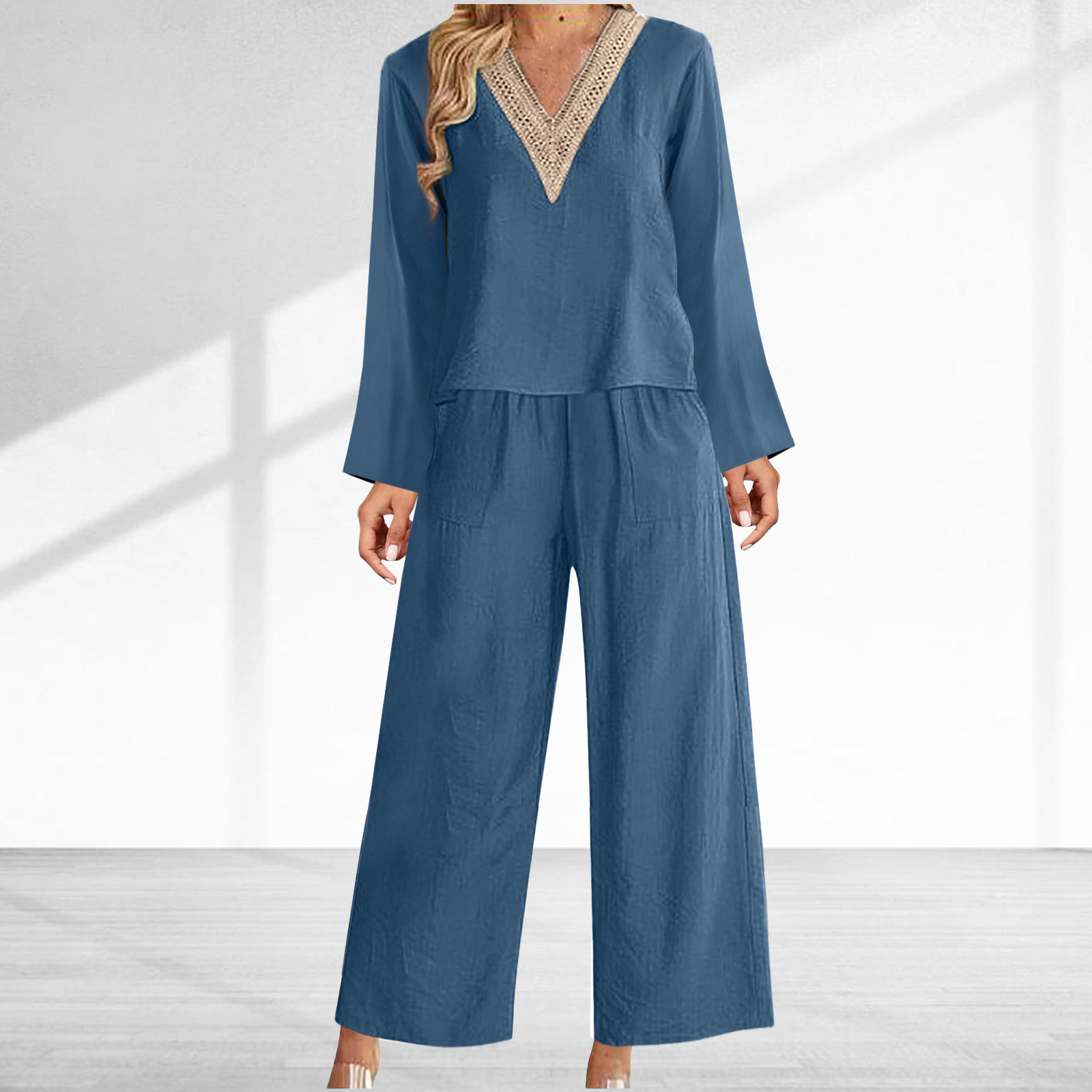 2024 spring and summer new V-neck cotton and linen casual women's long-sleeved trousers suit