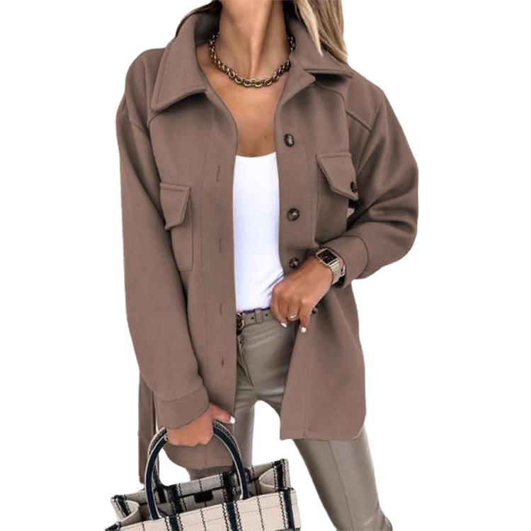 Women's long sleeve temperament solid color lapel single breasted belt woolen coat