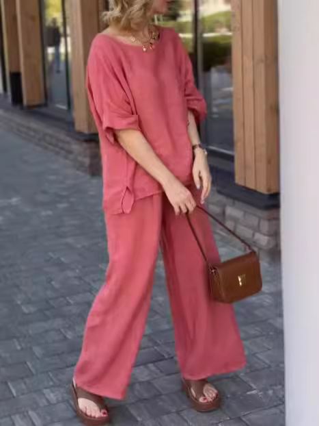 Solid-Color Casual Loose Cotton And Linen Suit
