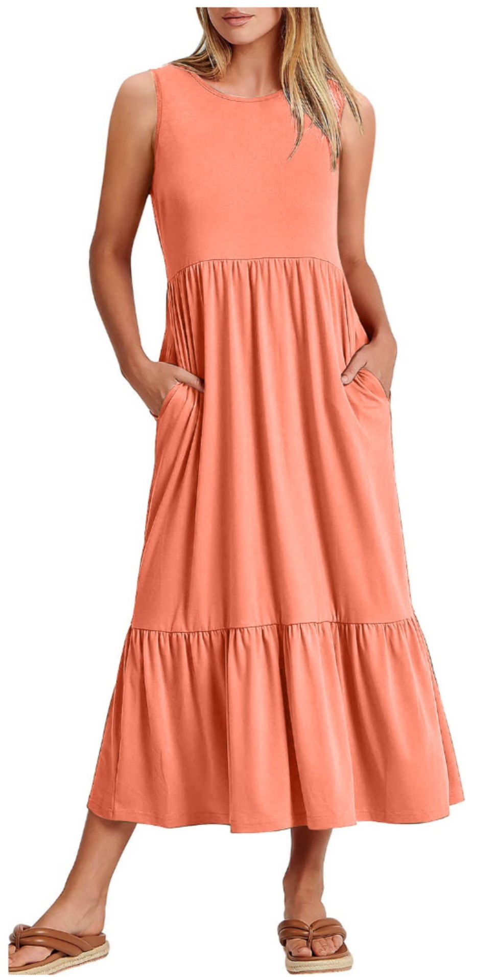 A Round-Neck Sleeveless Patchwork Dress With A Large Hem