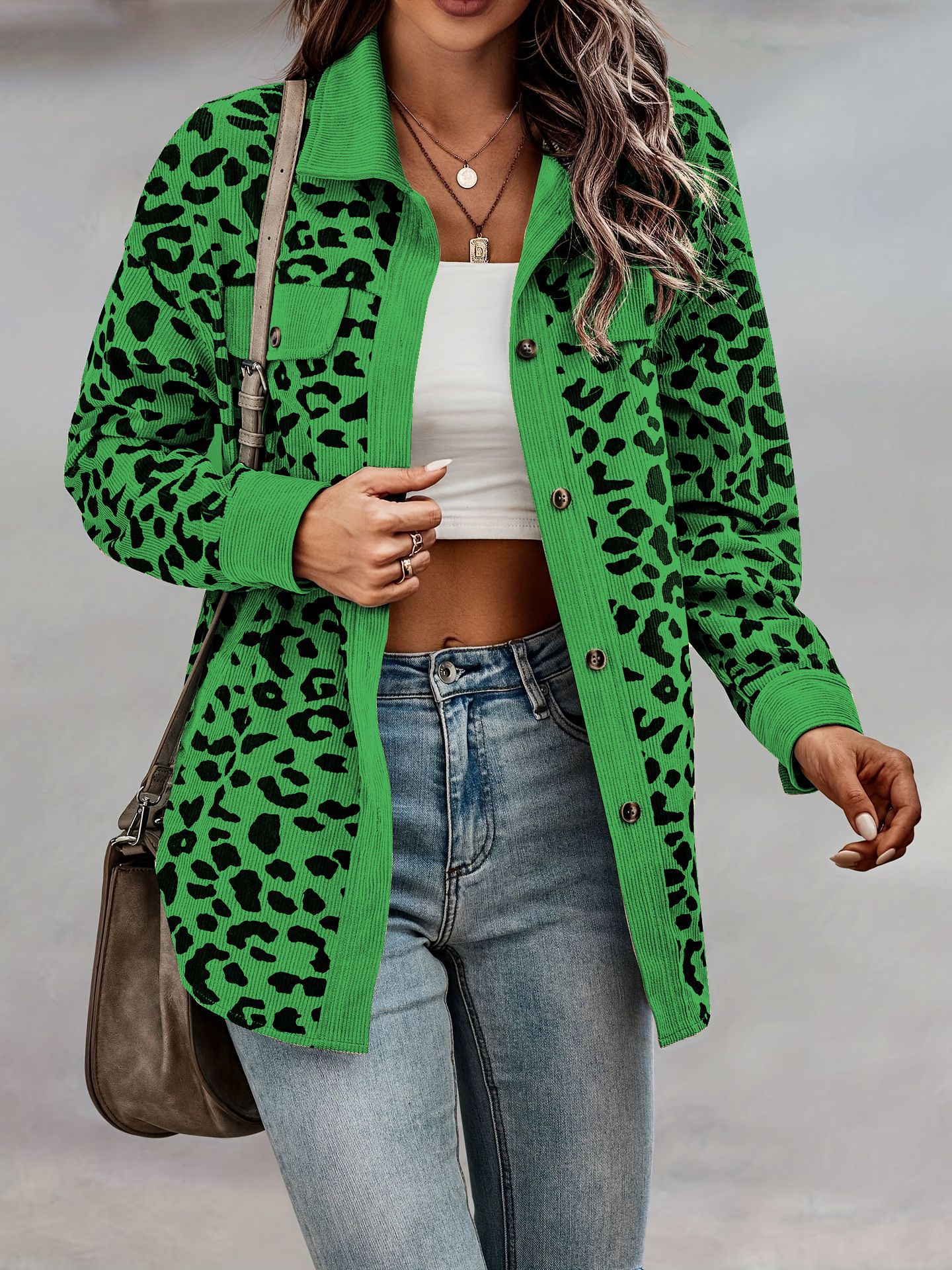 Plus Size Casual Jacket, Women's Plus Plain Leopard Print Flap Detail Long Sleeve Lapel Collar Button Decor Jacket