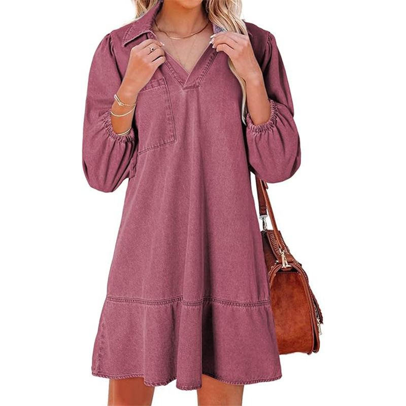 Casual V-Neck Three-Quarter Puffed Sleeve Denim Dress