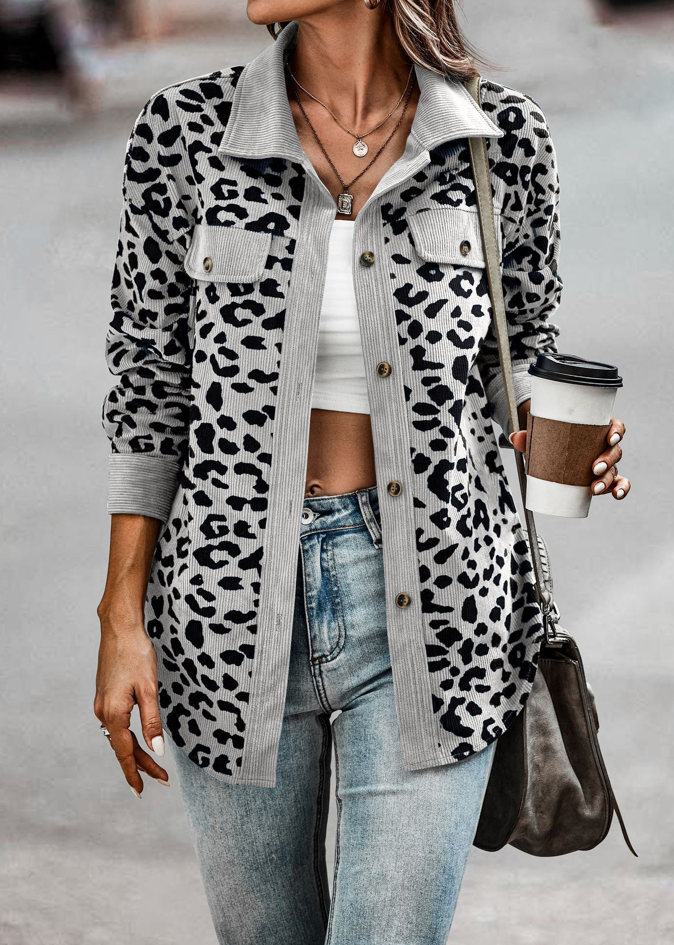Plus Size Casual Jacket, Women's Plus Plain Leopard Print Flap Detail Long Sleeve Lapel Collar Button Decor Jacket