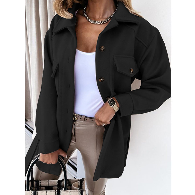 Women's long sleeve temperament solid color lapel single breasted belt woolen coat