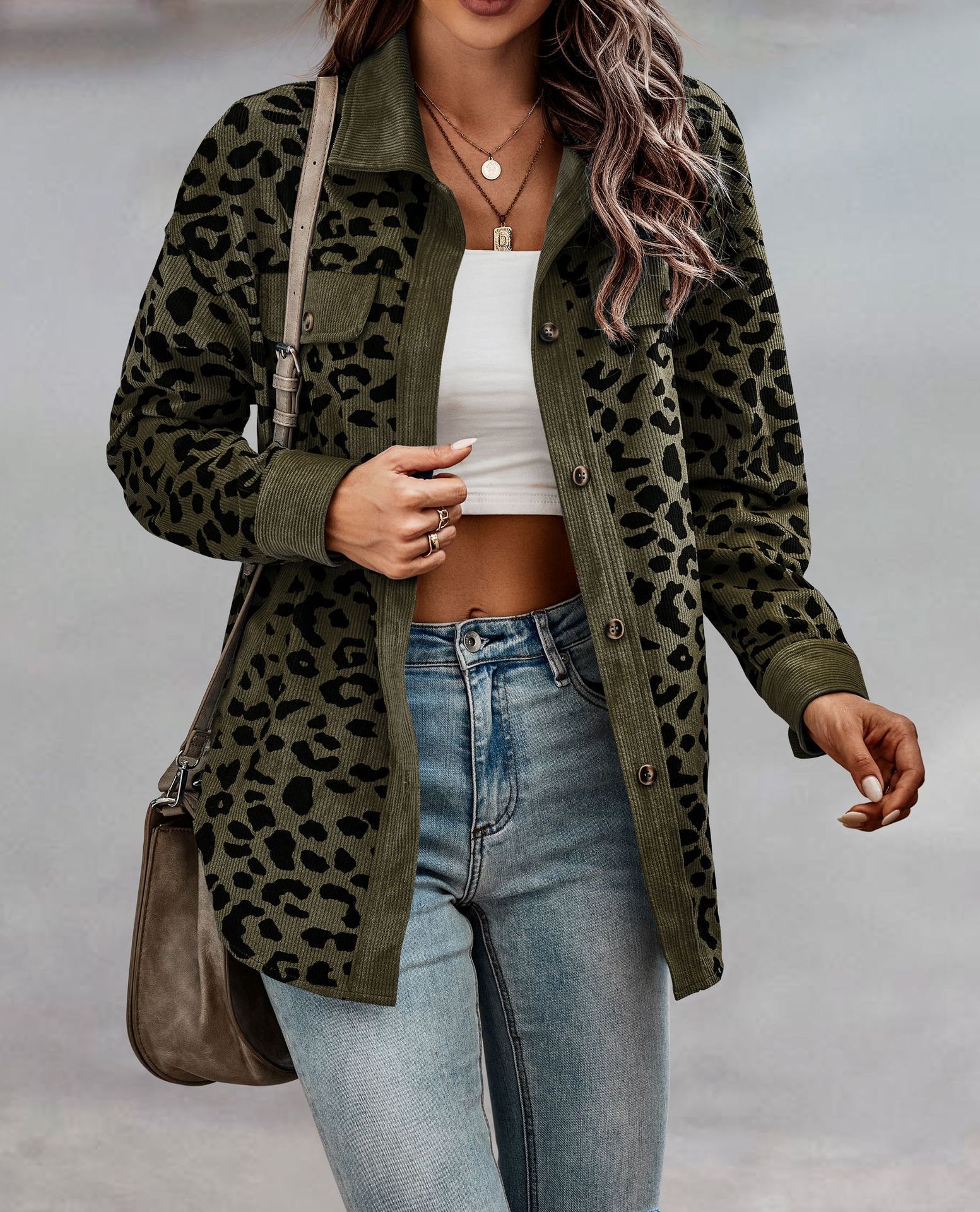 Plus Size Casual Jacket, Women's Plus Plain Leopard Print Flap Detail Long Sleeve Lapel Collar Button Decor Jacket