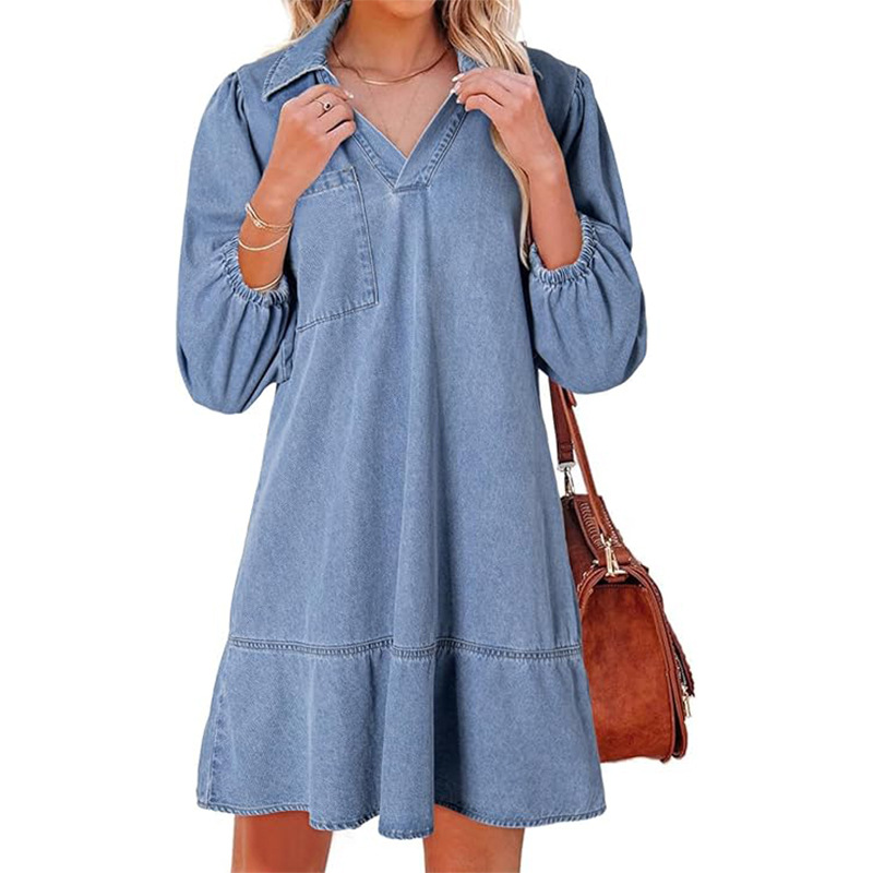 Casual V-Neck Three-Quarter Puffed Sleeve Denim Dress