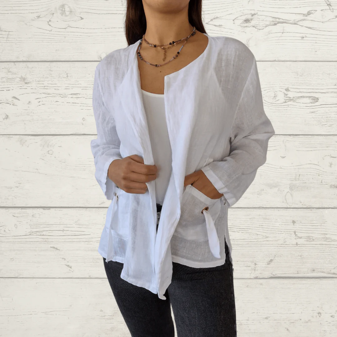 Chaqueta de lino Italiano con ojetillos en los bolsillos, color negro