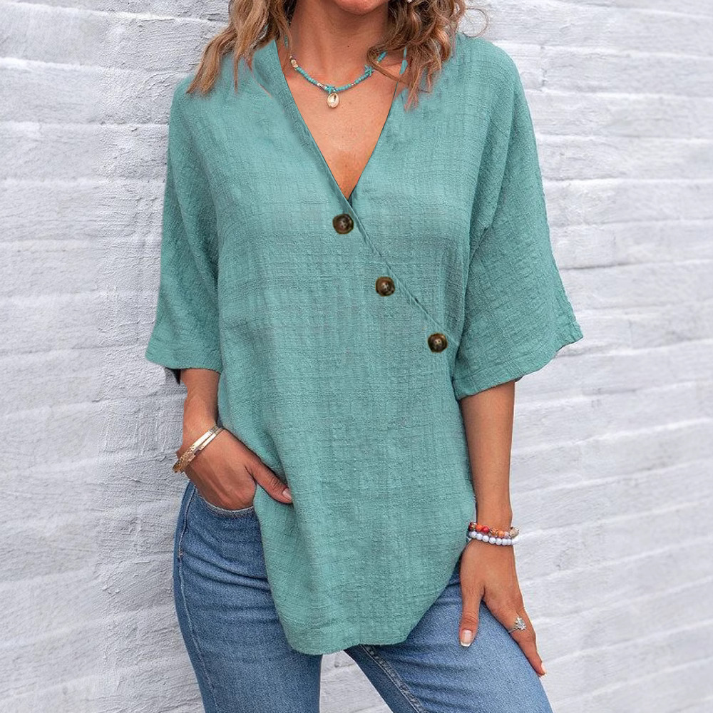 V-Neck Solid-Colored Linen Shirt